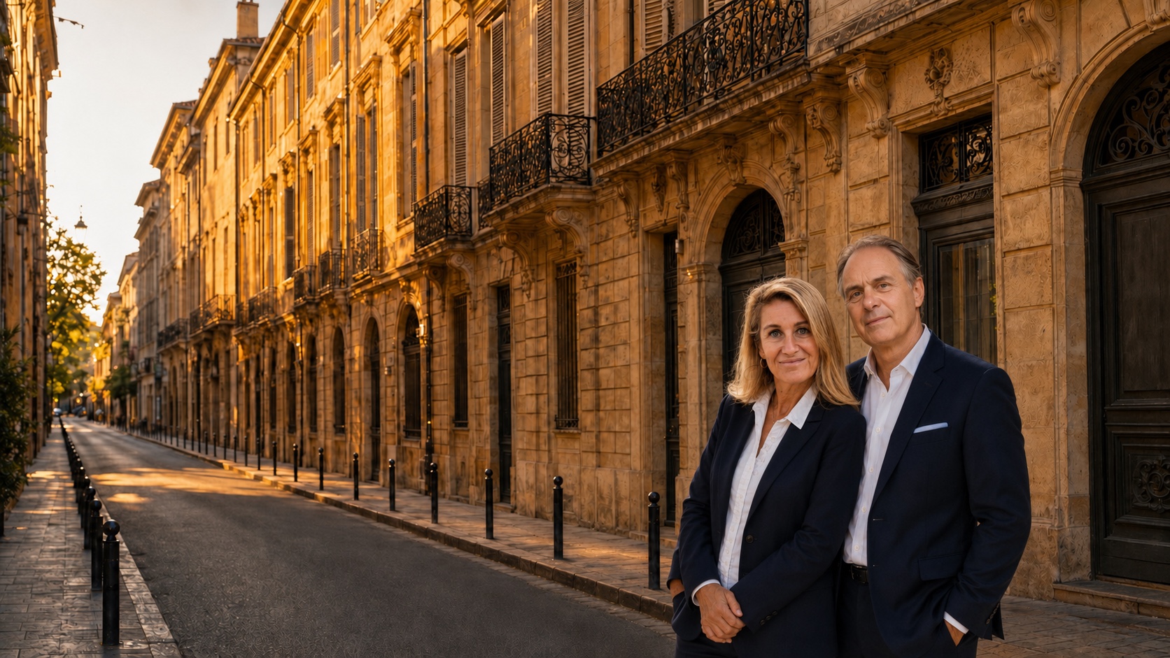 Séverine et Patrice Florens devant un hôtel particulier du Quartier Mazarin, Aix-en-Provence