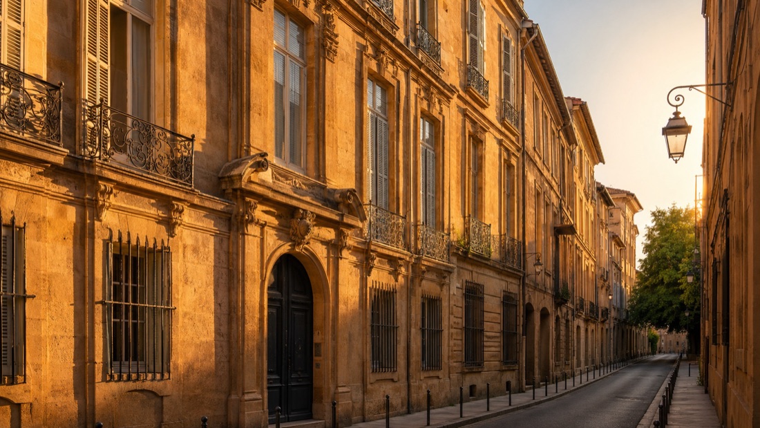 Rue du Quartier Mazarin à Aix-en-Provence, hôtels particuliers en pierre dorée